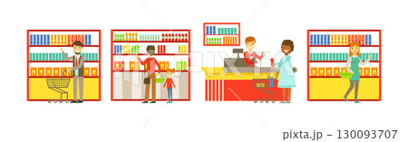 Man and Woman at Supermarket and Grocery Store Shopping Vector Set 130093707
