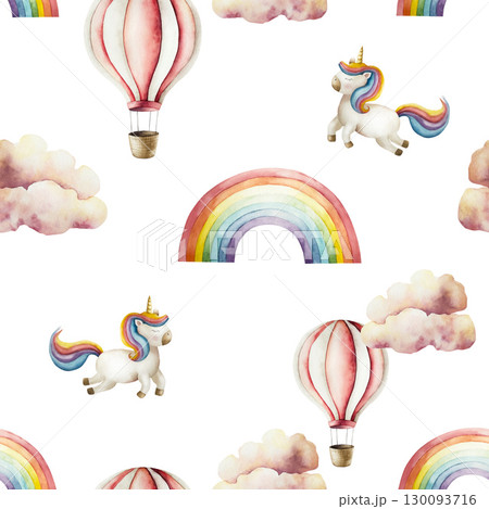 Air Balloons with basket and Summer air clouds, unicorn, rainbow seamless pattern. Watercolor hand drawn nursery clipart isolated on background. Cute illustration. Baby shower design elements. Party 130093716