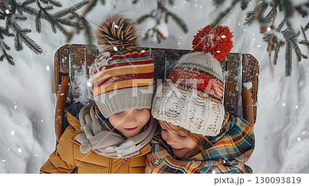 Top view of two children in colorful winter hats sitting together on sled in snow 130093819