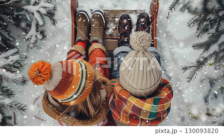 Top view of two children sitting together on a wooden sled in the snow 130093820