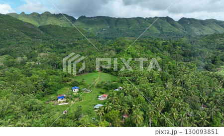 Tropical forest mountain deforestation population growth cottages agriculture Mount Manghilao Corte and village Triumfo people corn field with sugarcane poor house Cebu drone aerial Philippines Tropical forest mountain deforestation population growth cottages agriculture Mount Manghilao Corte and village Triumfo people corn field with sugarcane poor house Cebu drone aerial Philippines 130093851