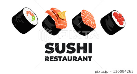 Vector illustrated advertising web and desktop banner with Japanese cuisine, traditional Asian food including sushi and rolls, perfect for Asian restaurant branding, menu design, and promotional Vector illustrated advertising web and desktop banner with Japanese cuisine, traditional Asian food including sushi and rolls, perfect for Asian restaurant branding, menu design, and promotional 130094263