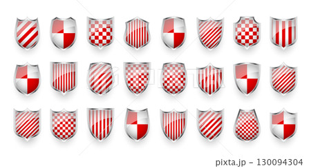 Glossy shields with red and black white. Security and protection concept. Cyber safety icons, internet privacy, web defense, digital data protection and antivirus themes. Vector illustration Glossy shields with red and black white. Security and protection concept. Cyber safety icons, internet privacy, web defense, digital data protection and antivirus themes. Vector illustration 130094304