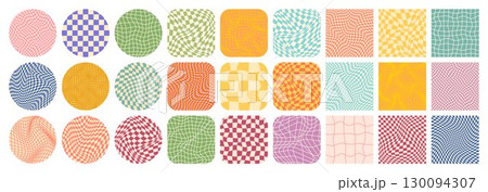 Groovy checkered pattern, colorful tiled grid. Vintage wavy curved backdrop, distortion effect. Funky geometric chessboard texture, retro background in 90s style, y2k. Vector illustration Groovy checkered pattern, colorful tiled grid. Vintage wavy curved backdrop, distortion effect. Funky geometric chessboard texture, retro background in 90s style, y2k. Vector illustration 130094307