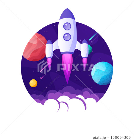 Rocket launch, space futuristic colorful background with planets and stars. Cartoon starship, spaceship in night sky. Solar system, galaxy and universe exploration. Vector illustration Rocket launch, space futuristic colorful background with planets and stars. Cartoon starship, spaceship in night sky. Solar system, galaxy and universe exploration. Vector illustration 130094309