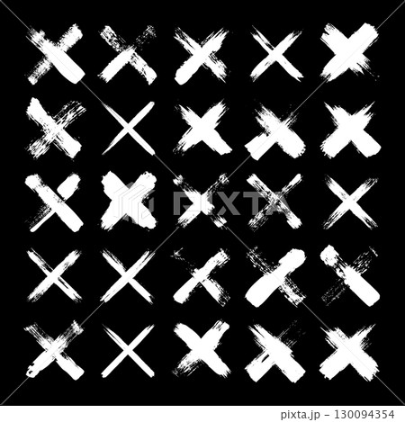 Grunge crosses, brush strokes, x mark, lines, ink smudges, hand-drawn scribble shapes. Handmade sketchy marks, acrylic stains, charcoal streaks. Paint textures, dry brush effect. Vector illustration 130094354