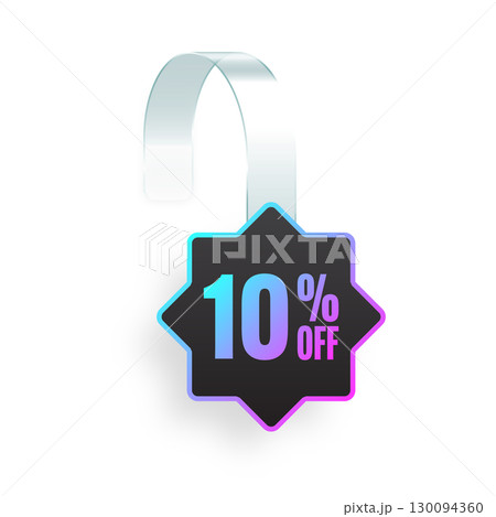 Supermarket promotional wobblers. Realistic white wobbler template for shelf advertising, 10 percent off discount. Sale label with ad text. Special offer price tag. Vector illustration Supermarket promotional wobblers. Realistic white wobbler template for shelf advertising, 10 percent off discount. Sale label with ad text. Special offer price tag. Vector illustration 130094360