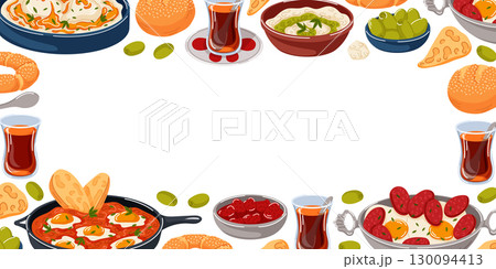 Turkish food border with traditional tea, eggs, sucuk, olives, simit and vegetable in cartoon style. Perfect for design invitation, delivery package and kitchen wallpaper. 130094413