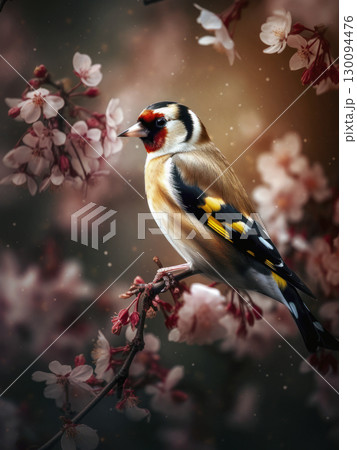 Goldfinch perched on cherry blossom branch 130094476
