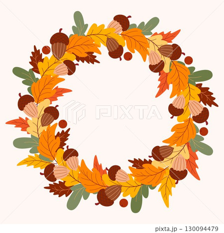 Ornate autumn wreath with leaves, acorns and berries Ornate autumn wreath with leaves, acorns and berries 130094479