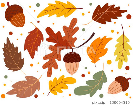Hand drawn set of acorns and leaves of different colors 130094510