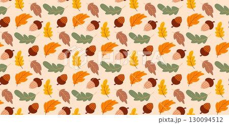 Cozy autumn background with acorns and leaves Cozy autumn background with acorns and leaves 130094512