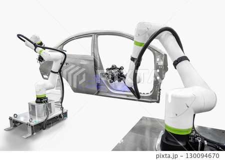 Close up high technology and accuracy equipment robot arm with laser portable 3d scan during inspection automotive part at factory. 130094670