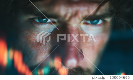 A close-up of a man intense blue eyes focused on financial data charts, symbolizing determination, strategy, and market analysis under pressure. 130094696