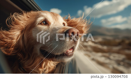 Golden retriever dog enjoying a car ride with head out the window, fur blowing in the wind, eyes full of joy, and background of blue sky and mountains. 130094708