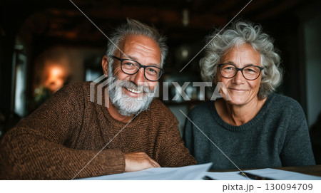 A happy elderly couple with glasses smiling warmly at the camera, sitting together in a cozy home setting, radiating love, wisdom, and joy. 130094709