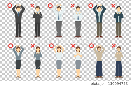 フラットイラスト：まるばつを出すスーツ男女(正面) 130094738