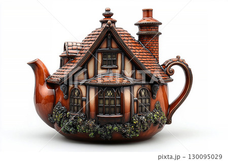 Kitchen design. Ceramic teapot in shape of an English house on a white background. Classic style. Kitchen design. Ceramic teapot in shape of an English house on a white background. Classic style. 130095029