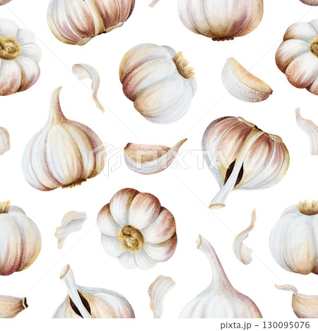 Hand drawn garlic watercolor seamless pattern on white with bulbs and cloves. Realistic raw vegetable repeat background in pastel beige colors for local market spices and Italian cuisine designs 130095076