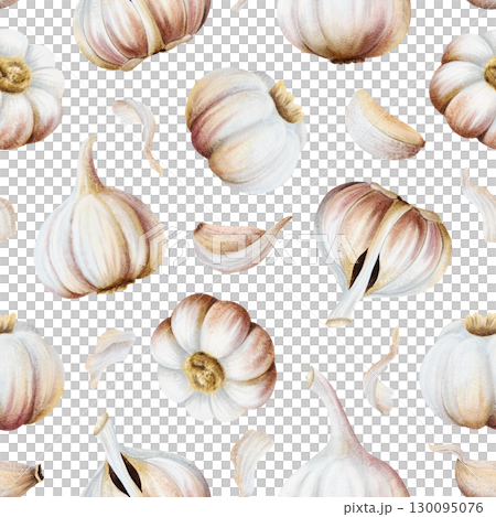 Hand drawn garlic watercolor seamless pattern on white with bulbs and cloves. Realistic raw vegetable repeat background in pastel beige colors for local market spices and Italian cuisine designs Hand drawn garlic watercolor seamless pattern on white with bulbs and cloves. Realistic raw vegetable repeat background in pastel beige colors for local market spices and Italian cuisine designs 130095076