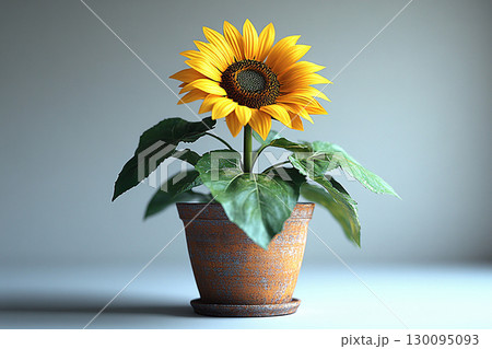 Fleshy leaves. Sunflower plant in ceramic pot with yellow flowers on a white background. Cottage garden. 130095093