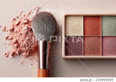 Cosmetic display. Flat lay of makeup brush placed next to a color palette on white background. Cosmetic display. Flat lay of makeup brush placed next to a color palette on white background. 130095094