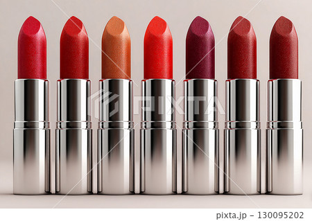 Makeup explosion. Glossy lipstick tubes in various shades arranged in a gradient on white background. Makeup mockup. 130095202