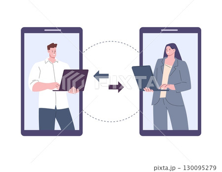 Remote file and information exchange. Office workers, colleagues with laptops send files online. Business communication, job collaboration vector scene 130095279
