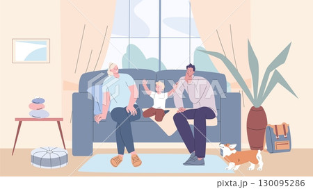Parents with son sitting on sofa in living room. Family rest together, mother father kid and dog spend time at home. Parenthood, vacation, vector cozy scene Parents with son sitting on sofa in living room. Family rest together, mother father kid and dog spend time at home. Parenthood, vacation, vector cozy scene 130095286