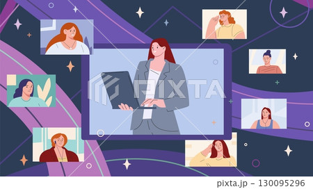 Female online training concept. Workshop from business women, network marketing for housewives. Psychology, sociology, infogypsies, vector scene 130095296