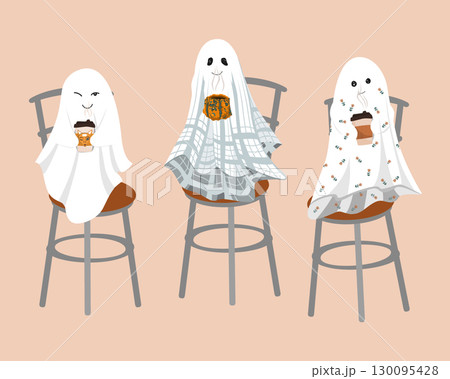 Funny cute sheet ghosts sitting on the tables with a hot drink. Sheet ghost holding a mugs. Halloween design element, isolated vector illustration 130095428