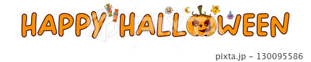 Happy halloween wide banner and header withh funny cartoon pumpkin. halloween design elements. happy halloween cartoon text isolated on transparent background. 130095586