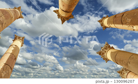 Roman Columns in the Jordanian city of Jerash (Gerasa of Antiquity), capital and largest city of Jerash Governorate, Jordan. Against the background of a beautiful sky with clouds 130096207