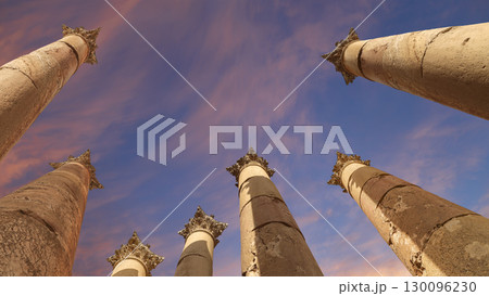Roman Columns in the Jordanian city of Jerash (Gerasa of Antiquity), capital and largest city of Jerash Governorate, Jordan. Against the background of a beautiful sky with clouds Roman Columns in the Jordanian city of Jerash (Gerasa of Antiquity), capital and largest city of Jerash Governorate, Jordan. Against the background of a beautiful sky with clouds 130096230