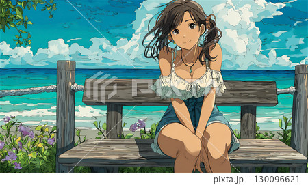 海辺のベンチに座る女性のイラスト 130096621
