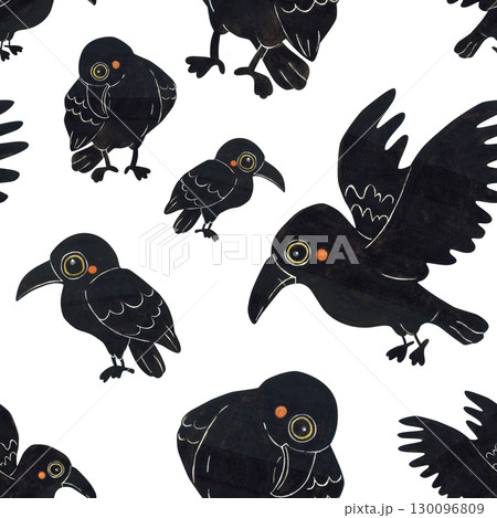 Seamless pattern of different black ravens. Halloween holiday. Watercolor illustration hand drawn. Drawing for paper, textile, invitations. Raven, crow, night, October Seamless pattern of different black ravens. Halloween holiday. Watercolor illustration hand drawn. Drawing for paper, textile, invitations. Raven, crow, night, October 130096809