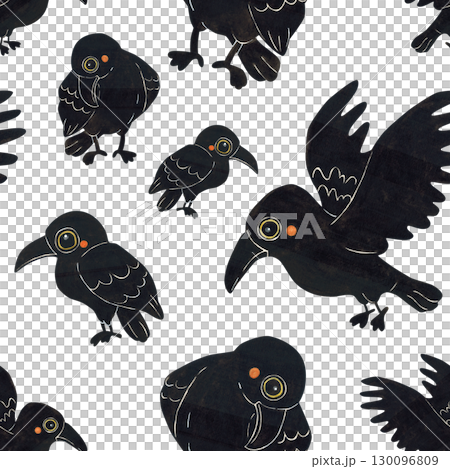 Seamless pattern of different black ravens. Halloween holiday. Watercolor illustration hand drawn. Drawing for paper, textile, invitations. Raven, crow, night, October Seamless pattern of different black ravens. Halloween holiday. Watercolor illustration hand drawn. Drawing for paper, textile, invitations. Raven, crow, night, October 130096809