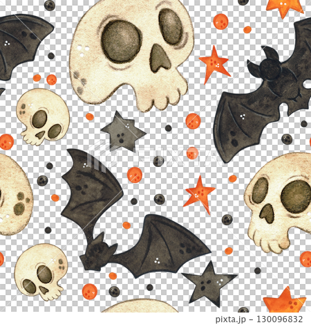 Seamless pattern with black bats and skulls. Halloween holiday. Watercolor illustration hand drawn. Drawing for paper, textile, invitations. animal, night, october, holiday, halloween 130096832