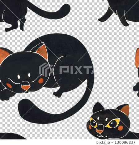 Seamless pattern of different black cats. Halloween holiday. Watercolor illustration hand drawn. Drawing for paper, textile, invitations. Cat, night, October 130096837