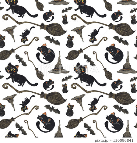 Seamless pattern with black cat, witch broom, hat and bats. Watercolor hand drawn illustration, cartoon. Design for stickers, scrapbooking, cards. holiday, halloween, hat, witch, cat, black, broom Seamless pattern with black cat, witch broom, hat and bats. Watercolor hand drawn illustration, cartoon. Design for stickers, scrapbooking, cards. holiday, halloween, hat, witch, cat, black, broom 130096841
