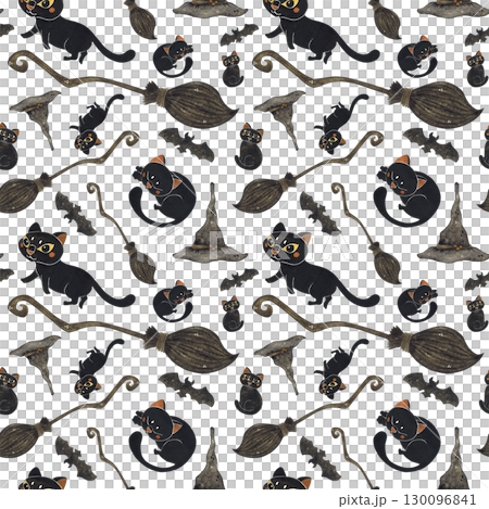 Seamless pattern with black cat, witch broom, hat and bats. Watercolor hand drawn illustration, cartoon. Design for stickers, scrapbooking, cards. holiday, halloween, hat, witch, cat, black, broom Seamless pattern with black cat, witch broom, hat and bats. Watercolor hand drawn illustration, cartoon. Design for stickers, scrapbooking, cards. holiday, halloween, hat, witch, cat, black, broom 130096841