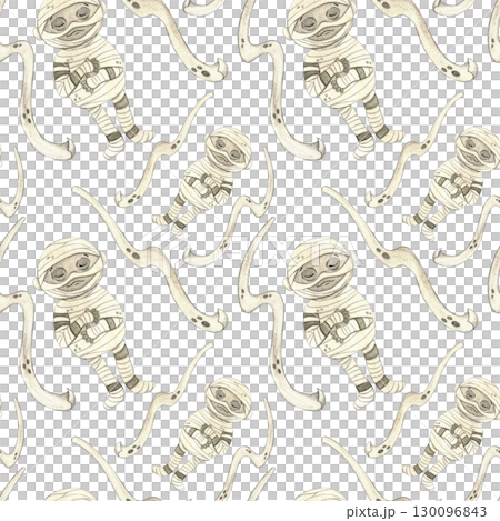 Seamless pattern with mummies among flying bandages for Halloween holiday. Watercolor hand drawn cartoon illustration. Drawing for textile, for paper, cards and invitations. Holiday, decoration, mummy Seamless pattern with mummies among flying bandages for Halloween holiday. Watercolor hand drawn cartoon illustration. Drawing for textile, for paper, cards and invitations. Holiday, decoration, mummy 130096843