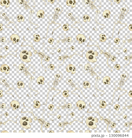 Seamless pattern with skeletons and skulls for Halloween. Watercolor illustration hand drawn cartoon. Drawing for textile, for paper, cards and invitations. Holiday, decoration, skeleton, skull Seamless pattern with skeletons and skulls for Halloween. Watercolor illustration hand drawn cartoon. Drawing for textile, for paper, cards and invitations. Holiday, decoration, skeleton, skull 130096844