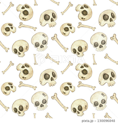 Skulls and bones seamless pattern. Watercolor hand drawn illustration, cartoon. Design for stickers, scrapbooking, cards. holiday, day of the dead, halloween, skull, skeleton, bone, human, pirate Skulls and bones seamless pattern. Watercolor hand drawn illustration, cartoon. Design for stickers, scrapbooking, cards. holiday, day of the dead, halloween, skull, skeleton, bone, human, pirate 130096848