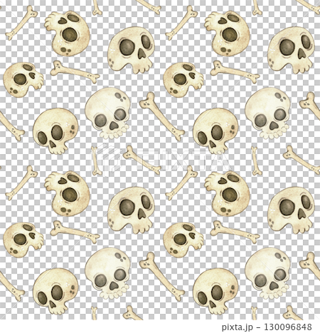 Skulls and bones seamless pattern. Watercolor hand drawn illustration, cartoon. Design for stickers, scrapbooking, cards. holiday, day of the dead, halloween, skull, skeleton, bone, human, pirate Skulls and bones seamless pattern. Watercolor hand drawn illustration, cartoon. Design for stickers, scrapbooking, cards. holiday, day of the dead, halloween, skull, skeleton, bone, human, pirate 130096848