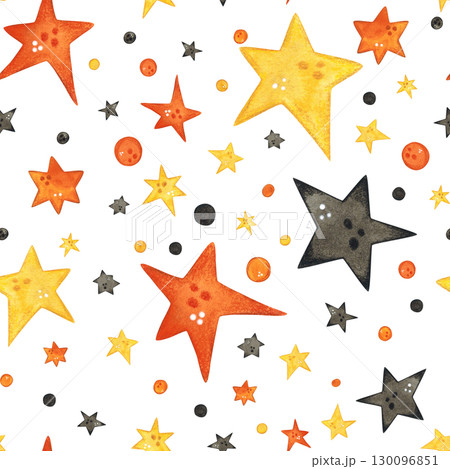 Seamless pattern of confetti and stars yellow, orange and black. Halloween holiday. Watercolor illustration hand drawn. Drawing for paper, textile, invitations. background, night, october Seamless pattern of confetti and stars yellow, orange and black. Halloween holiday. Watercolor illustration hand drawn. Drawing for paper, textile, invitations. background, night, october 130096851