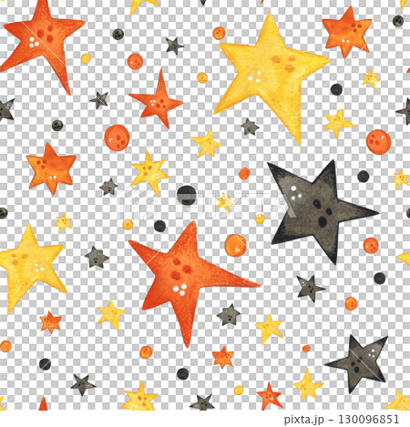 Seamless pattern of confetti and stars yellow, orange and black. Halloween holiday. Watercolor illustration hand drawn. Drawing for paper, textile, invitations. background, night, october Seamless pattern of confetti and stars yellow, orange and black. Halloween holiday. Watercolor illustration hand drawn. Drawing for paper, textile, invitations. background, night, october 130096851
