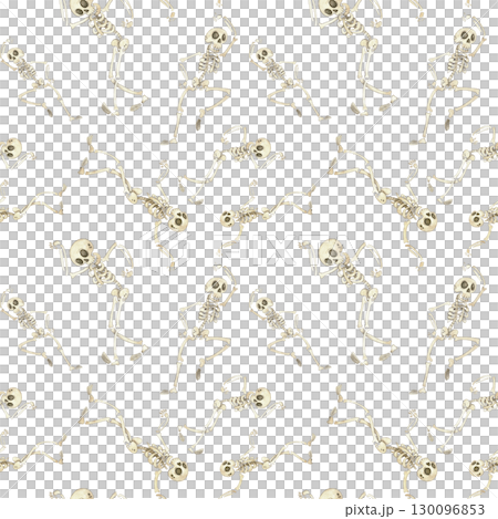 Seamless pattern with dancing skeletons for Halloween. Watercolor illustration hand drawn cartoon. Drawing for textile, for paper, cards and invitations. Holiday, decoration, skeleton 130096853