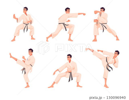 Karate. Male person in action poses in martial arts karate punch of hands and legs exact vector cartoon illustrations 130096940