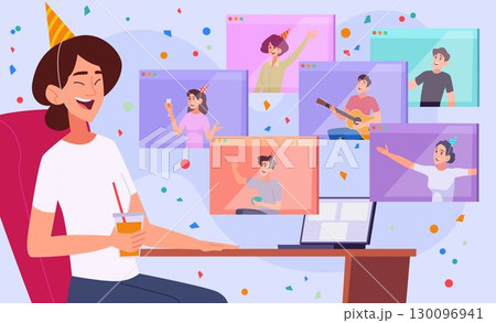 Online party. People celebrate and have online interactions exact vector cartoon background 130096941